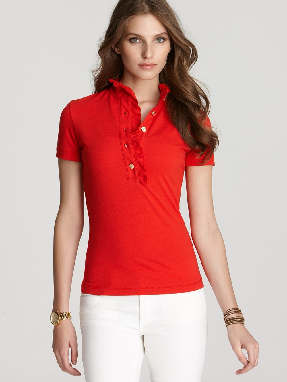 Tory Burch Red Short-Sleeve Ruffle-Placket Polo